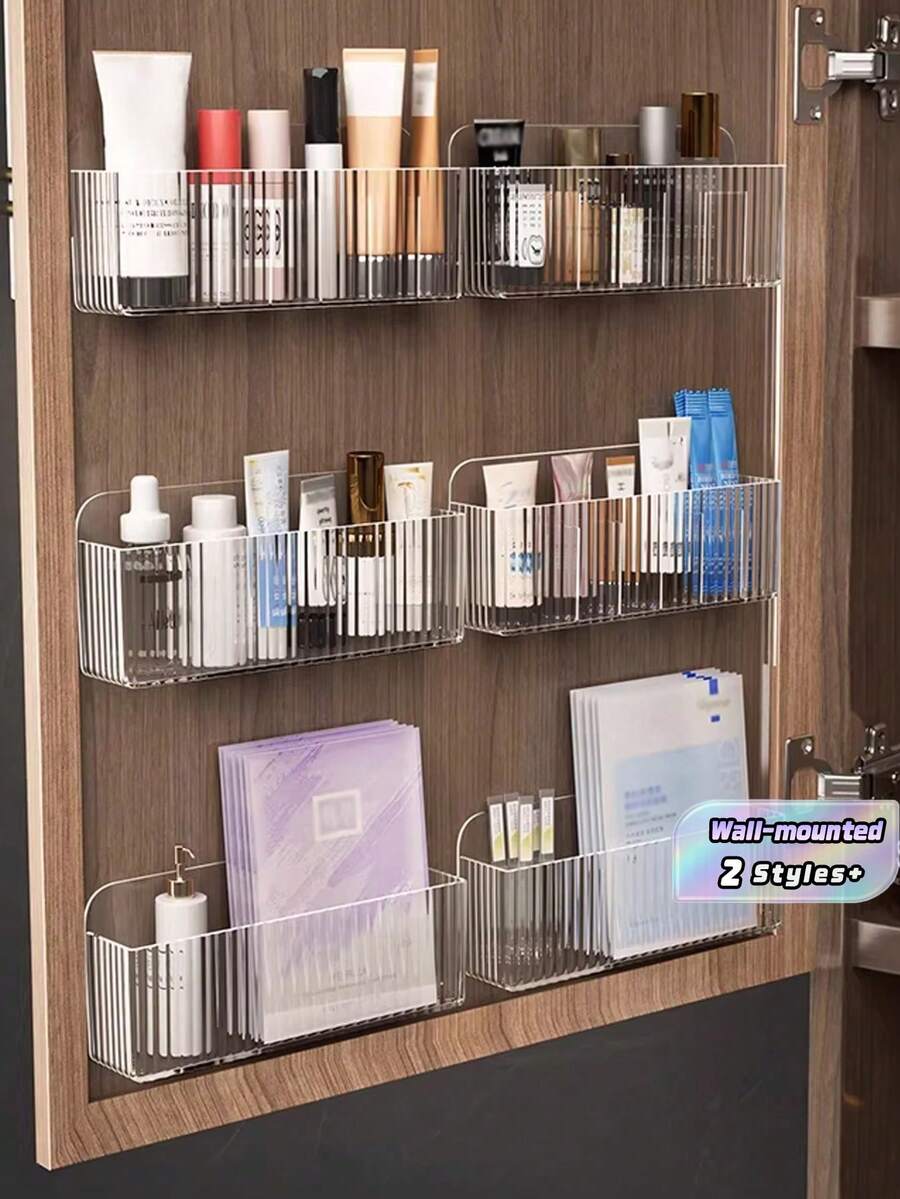 1/3 Pieceswall-Mounted Cosmetic Storage Box, Plastic Makeup Storage Box Suitable For Lipsticks, Brushes, Nail Polish, Skincare Products - Hidden Storage Box For Mirror Cabinet Doors. Bathroom Vanity Storage Rack - Transparent - View 1