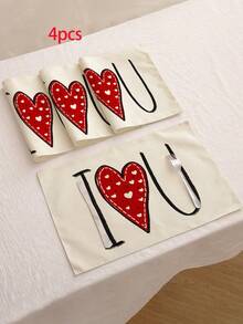1/4/6PCS Polyester Stain Resistant Non Slip Washable Red Pink Heart Love Decor Placemat Dining Mat For Valentine Day Home Restaurant Dining Table Decor Household Items - Red - View 20