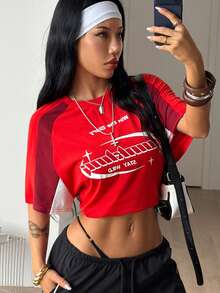 Coolane 女款夏季街頭風性感休閒外出日常穿搭返校季拼色圖案紅T恤圓領短袖夏季女款圖案T恤女裝夏季上衣 - 紅色 - 查看 4
