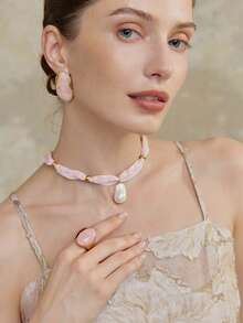 Opalesca 18k Gold-Plated Pink Floral Cloth Pearl Pendant Temperament Necklace,Premium/Elegant/Classy/Dailywear/Minimalist,Pearl/Crystal,For Mom/Women/Girl/Mother,Summer/Beach/Prom/Party/Holiday/Vacation,Engagement/Wedding/Promise,Bride,Heart/Floral,Fairycore/Mermaid Core - Pink - View 5
