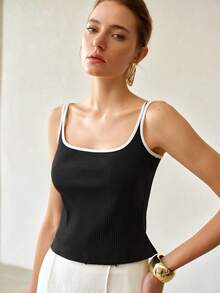 MOTF PREMIUM SUMMER ELASTIC KNIT CONTRAST COLOR BLACK AND WHITE TRIM TANK TOP - Black and White - View 4