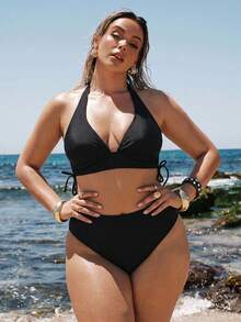 SHEIN BAE Conjunto de Bikini Talla Grande para Vacaciones de Verano en la Playa con Cuello Halter y Cordón Lateral - Negro - Ver 3