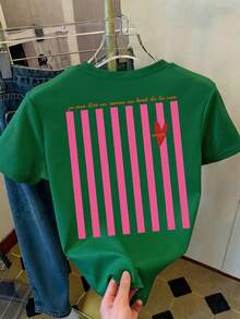DrmWander Kaos Wanita Ukuran Besar Leher Bulat Motif Garis-garis Lengan Pendek - Dark Green - View 2