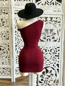 NostaNoir Women's Mini Asymmetrical Twisted Shoulder Fitted Sexy Dress Date Night Night Out Burgundy Summer - Burgundy - View 3