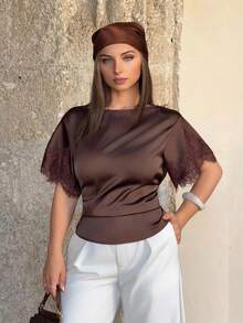 Jeta Ari New Spring/Summer Brown Satin Lace-Trimmed Waist-Cinching Blouse For Women. A Modern Retro-Style, Luxurious, Silky Brown Short-Sleeved Blouse With Lace Sleeves. Perfect For Casual Office Wear, Daily Commutes, Dates, And Parties.,Summer Top - Brown - View 2