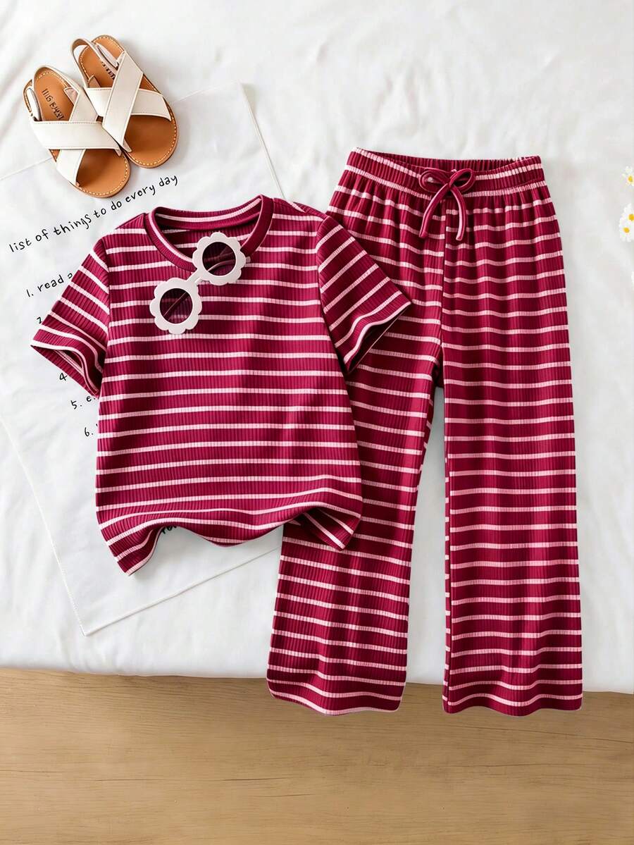 Genkimix Kids Young Girls Casual Textured Striped T-Shirt & Fashion Flare Pants Set, Suitable For Summer, Outing Wear - Burgundy - View 1