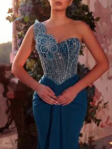 Glamrae Elegant Luxurious Beaded Sequin Floral Design Patchwork Stretch Knit Ruched Mermaid Skirt, Suitable For Wedding Events, Bachelorette Parties, Vacations, Proms, Evening Gowns (Heavy Workmanship Style) - Peacock Blue - View 4