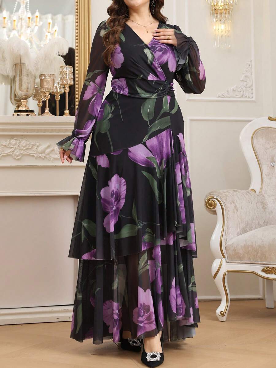 SHEIN Clasi Đầm dài nữ size lớn thời trang mới, họa tiết in, gấu bèo sóng, eo cao co giãn tốt, chiết eo tôn dáng, che khuyết điểm, đầm thu, đầm xếp ly, đầm hoa - Nhiều màu - Xem 1