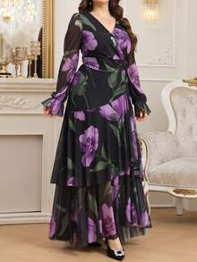 SHEIN Clasi Đầm dài nữ size lớn thời trang mới, họa tiết in, gấu bèo sóng, eo cao co giãn tốt, chiết eo tôn dáng, che khuyết điểm, đầm thu, đầm xếp ly, đầm hoa - Nhiều màu - Xem 2
