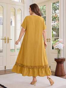 Al Najma Plus Size Women's Elegant Arabic Style Solid Color Linen Fabric Contrast Lace Ruffle Loose Long Dress, Spring/Summer - Yellow - View 2