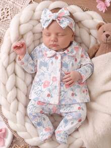 新生儿睡衣套装 - 两件套睡衣，泰迪熊印花，粉蓝格纹，圆领长袖长裤，连脚连体衣，四季皆宜，节日必备，2026年婴儿房睡前礼物，舒适轻盈，呵护宝宝娇嫩肌肤。 - 彩色 - 查看 3
