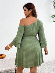 SHEIN Frenchy Plus Size Autumn Belted Asymmetrical Neckline Ruffle Sleeve One Shoulder Dress Elegant Vacation Going Out Cocktail Tea Party Wedding Guest Sage Green - Green - View 4