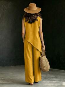 SHEIN Holidaya 2026新款夏季度假休閒兩件套，藍色鈕扣裝飾兩件套，不對稱下擺兩件套，女款鄉村風套裝 - 黃色 - 查看 2