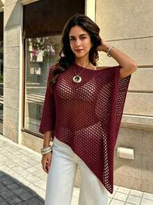 SHEIN Franclia Atasan Rajut Wanita Polos Berlubang, Kasual, Serbaguna untuk Aktivitas Sehari-hari - Burgundy - View 5