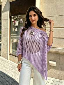 SHEIN Franclia 女款素色鏤空落肩不對稱下擺寬鬆毛衣 - 淡紫色 - 查看 4