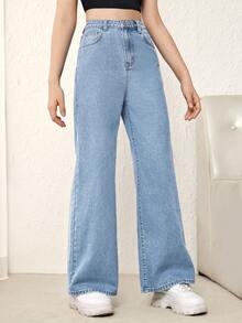 SHEIN Teen Girl Loose Straight Leg Denim Jeans With Pockets - Light Wash - View 5