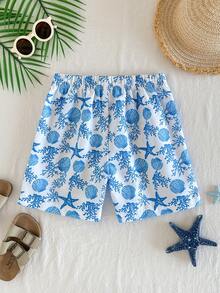 SHEIN Tween Boy Summer Beach Vacation Style Shell Starfish Coral All-Over Print Loose Swim Trunks - Blue and White - View 2