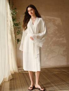MOTF PREMIUM LACE PATCHWORK LONG BELTED LIGHTWEIGHT ROBE - Beige - View 6