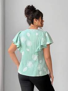 SHEIN Clasi Plus Size Women's Light Green Ruffle Hem Short Sleeve Fitted Blouse Wedding Guest Vacation Summer Elegant Eleganza - Mint Green - View 2