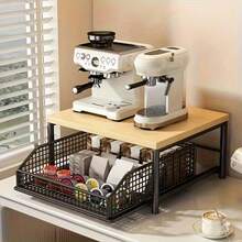 1 Black/White Kitchen Microwave Stand With Drawers - Sturdy Solid Wood And Metal Construction, Space-Saving Countertop Storage Rack For Tableware, Dishes, Coffee Makers, Utensils, And Spices. - Black - View 2