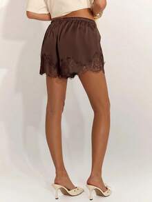 SHEIN BAE Women's Drawstring Waist Lace Patchwork Casual Versatile Daily Wear Shorts - Coffee Brown - View 2