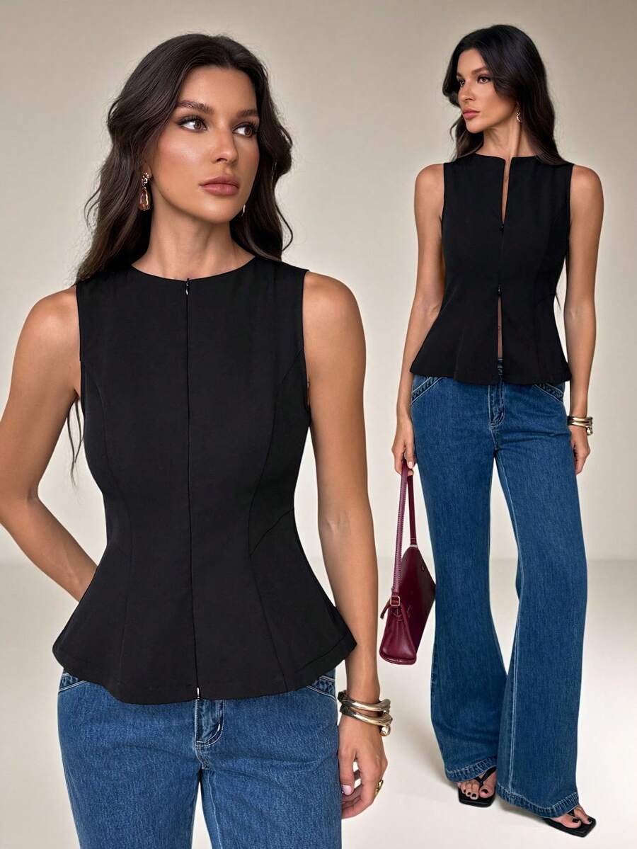 SHEIN Tall Áo vest nữ không tay dáng peplum, áo gile có khóa kéo phía trước, áo vest đen thanh lịch cho phong cách công sở đến dạ hội, áo blazer không tay, áo peplum, áo vest đen, áo vest may đo, sang trọng tinh tế, trang phục công sở tối giản, áo blazer có cấu trúc, áo blazer cơ bản màu trơn cổ tròn, khóa kéo phía trước, viền bèo nhún, áo blazer công sở đa năng, áo blazer không tay công sở - màu đen - Xem 1