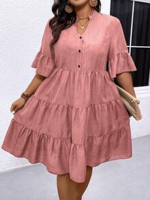 Linhara CURVE Plus Size Women's Button Notch V-Neck Ruffle Hem Dress - Pink - View 5