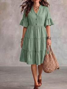 Linhara CURVE Women's Plus Size Solid Color V-Neck Ruffle Hem Dress - Green - View 1