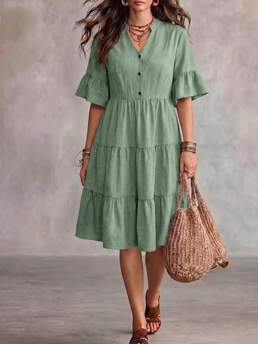 Linhara CURVE Women's Plus Size Solid Color V-Neck Ruffle Hem Dress - Green - View 1