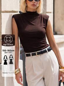 SHEIN PETITE Áo kiểu dáng thanh lịch màu nâu, không tay, có đệm vai, thích hợp cho mùa xuân/hè, đa năng, phù hợp cho cả công sở và những dịp thường ngày, mang phong cách cổ điển. - màu nâu - Xem 3