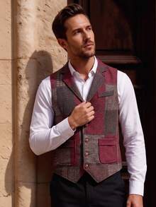 Officeau Nuevo chaleco retro de hombre con parches y contraste de colores en el cuello - Rojo - Ver 7