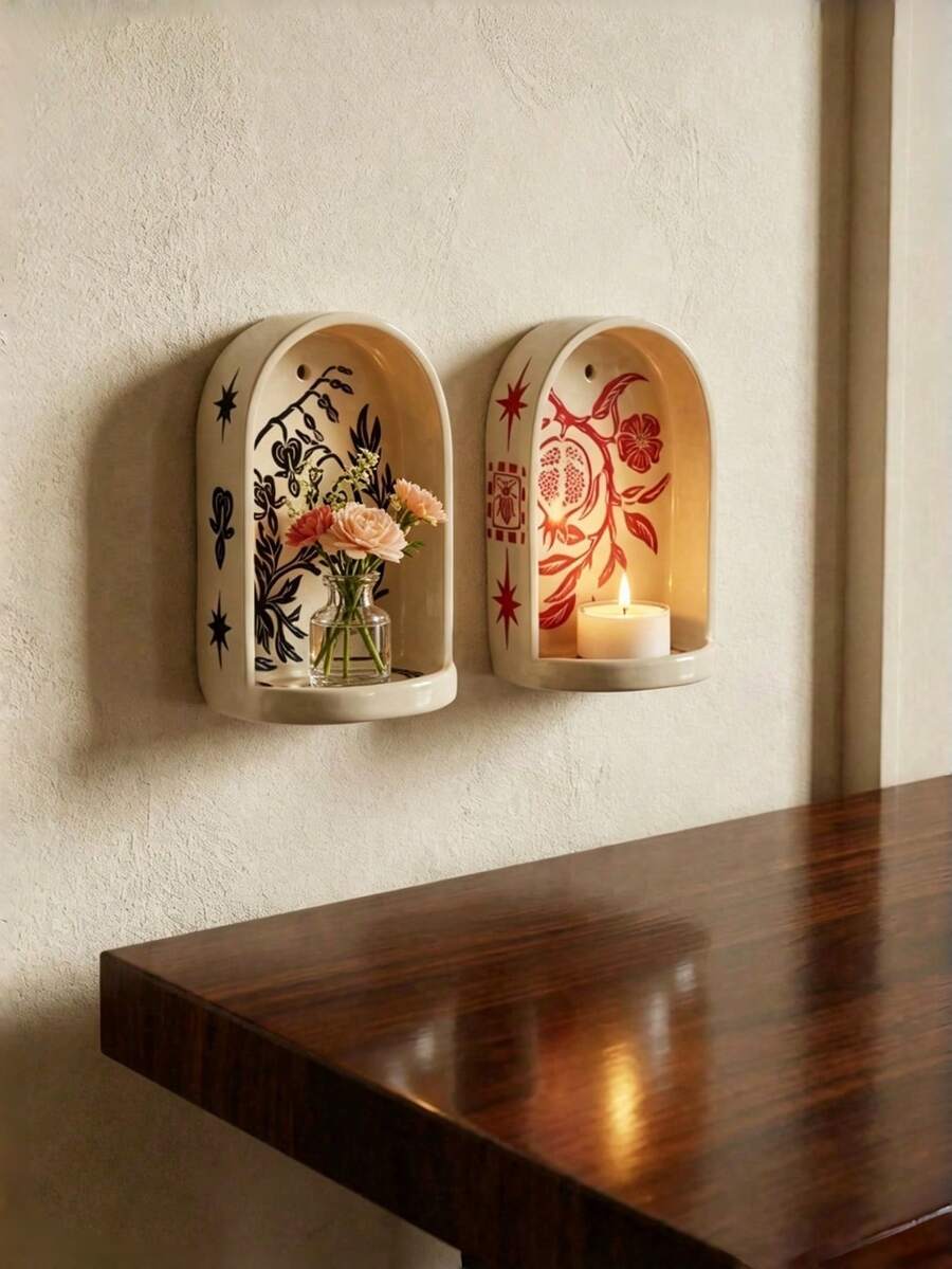 Cirelle 波希米亞風樹脂壁龕-手工打造,附復古花卉印花貼紙。僅適用於放置小型低溫茶蠟、微小珠寶與迷你乾燥花枝。為您的居家裝飾增添細膩的復古優雅感。 - 彩色 - 查看 1
