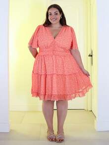 Pretty and Ole Plus Size Women Casual Ditsy Floral Short Sleeve Dress Sexy Vacation Dress Orange Summer Dress Orange Vacation Dress Orange Beach Dress Ibiza Elegant - Orange - View 1
