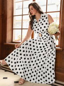 Auvina Women's French Elegant Casual Vacation & Commute Dress, Woven Polka Dot Print Fabric, Polo Collar Sleeveless Waist Gathered 4-Tier Ruffle Hem Dress, Vintage Style Dress, Country Style Outfit, Wedding Guest Dress, Summer Dress, Beach Outfit, Beach Dress, Outing Dress, Women's Vacation Outfit, Vacation Dress, Women's Casual Dress - Multicolor - View 3