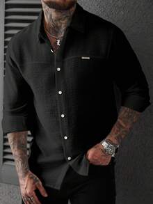 Manfinity CasualCool Men's Solid Color Long Sleeve Textured Structure Shirt, Formal - Black - View 1