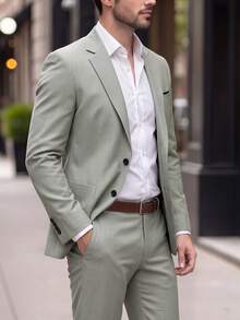 Manfinity Bizformal 男士素色缺口領單排扣長袖夾克與長褲休閒通勤西裝套裝，儀式、正式 - 綠色 - 查看 1
