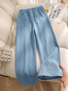 SHEIN Teen Old Money Casual Blue Vacation Striped Washed Loose Straight Leg Jeans, Back To School Street Style, Daily Outing Home Essential Versatile Loose Jeans For Girls - Medium Wash - View 3