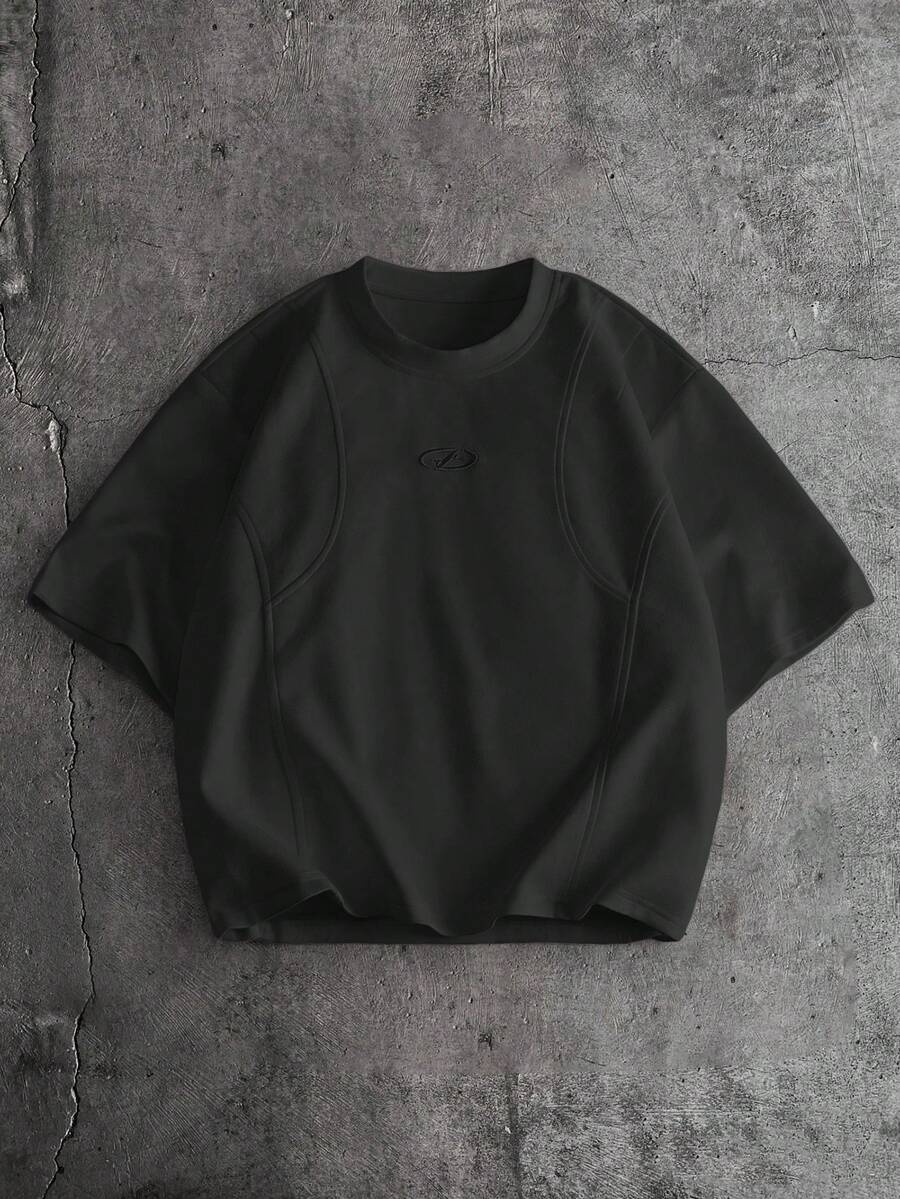 AXEPEAK 男士刺繡休閒圓領短袖T恤，適合日常穿搭 - 黑色 - 查看 1