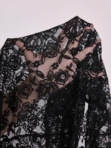 ROMWE Plus Size Sexy Goth Sheer Lace Fabric Versatile Asymmetric Shoulder Fitted Blouse Night Party Date Club Black Summer Halloween - Black - View 5