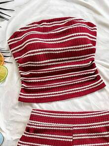 SHEIN Kids Tween Girls' Casual Tropical Red And White Plaid Tank Top And Shorts Set, Comfortable Minimalist Two Pieces Short Set Summer Set Clothes Vacation - Brown - View 3