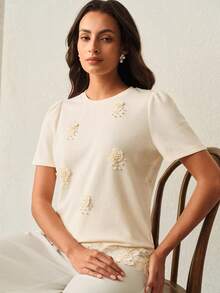 Anewsta Top de mujer casual de lujo y moda con bordado y cuentas, cuello redondo, estilo primavera/verano - Beis - Ver 6
