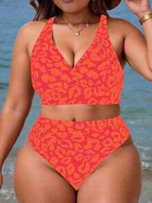 Slaydiva Women's Plus Size 2pcs Leopard Print V-Neck High Waist Triangle Bikini Set Vacation Tank Style Swimsuit Orange Summer Beach Sexy - Multicolor - View 7