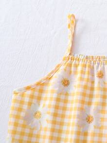 Tween Girl Plaid Floral Print Tassel Design Camisole Top And Shorts Casual Daily Set - Yellow - View 6