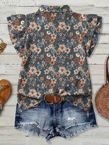 EMERY ROSE Plus Size Summer Floral Print Front Button Ruffle Hem Shirt - Multicolor - View 4