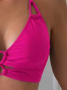 Swim Basics 女款夏季海灘度假風極簡純色交叉鏤空露背打結掛脖比基尼上衣 - 玫紅色 - 查看 4