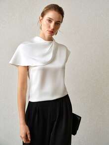 MOTF PREMIUM SPRING/SUMMER WOMEN'S SATIN WHITE ELEGANT COMMUTER ASYMMETRICAL COWL NECK BLOUSE - White - View 7