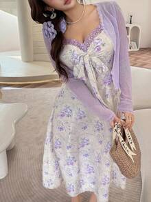 Feyla Set 2 Potong Atasan Lengan Panjang Warna Polos Ukuran Besar & Gaun Camisole Motif Bunga - MultiWarna - View 3