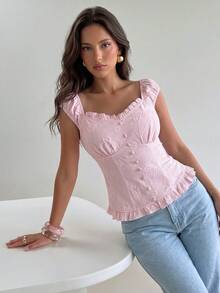 Modelyn 法式甜美修身荷葉邊泡泡袖上衣，粉紅色，適合女孩，度假、夏季茶會優雅穿搭 - 淺粉色 - 查看 6
