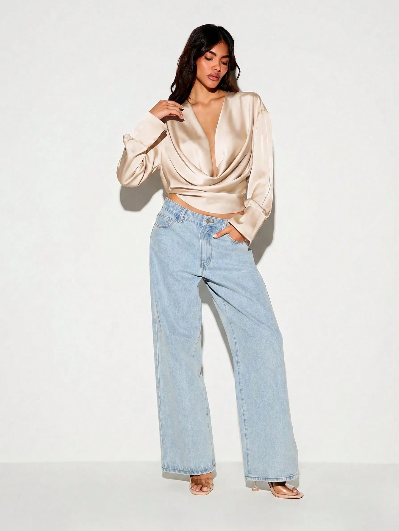 Cowl Neck Satin Blouse With Open Back Tie Detail