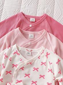 SHEIN Newborn Girls Sweet Outfit Autumn Light Pink Pastel Pink Bow Print + Apricot Pink Long Sleeve Pants 3 Pieces Set Ribbed Soft Family Matching - Multicolor - View 4